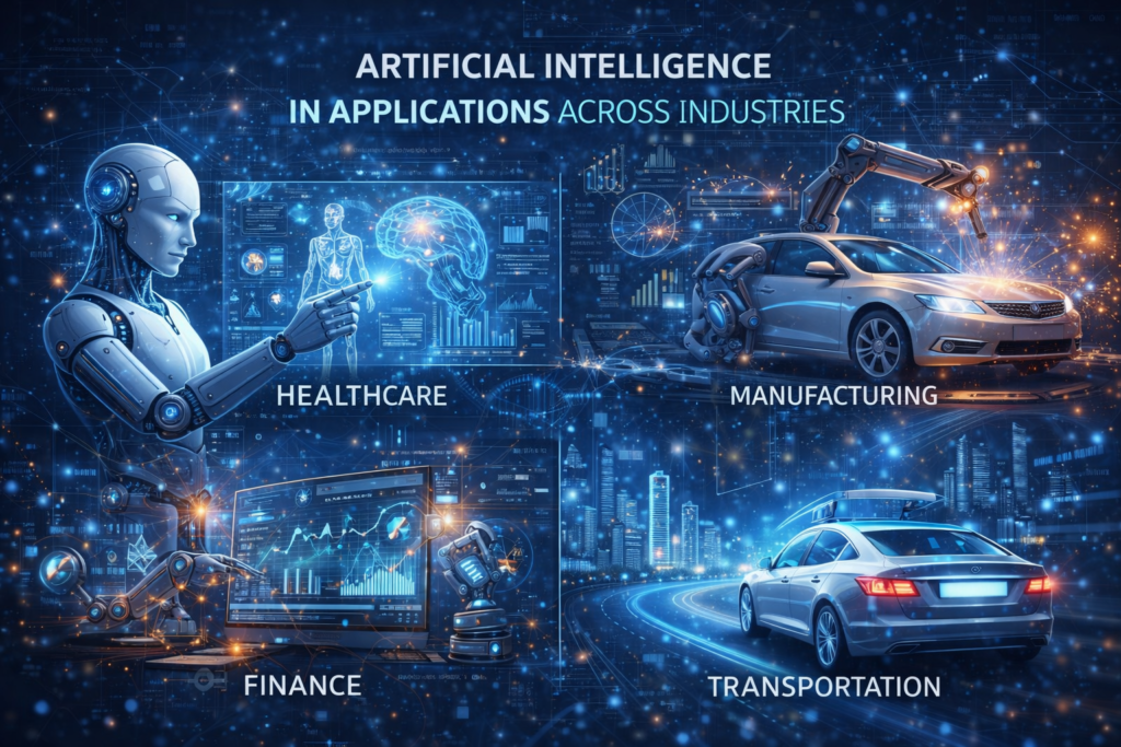 Realistic visualization of Artificial Intelligence applications in healthcare, finance, manufacturing, and transportation industries.