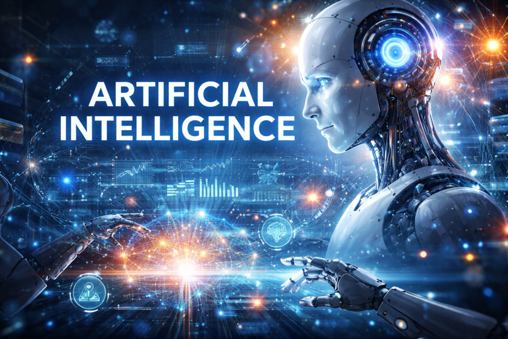 Futuristic humanoid robot interacting with a digital neural network interface representing Artificial Intelligence technology.