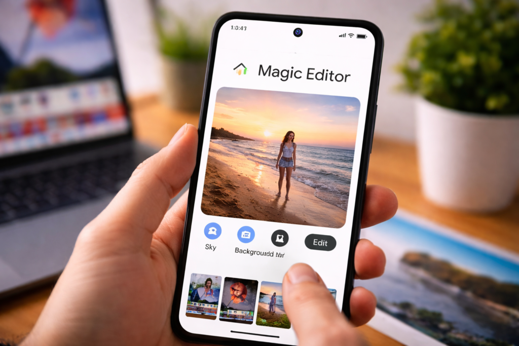 Google AI photo editing feature shown on a smartphone using Magic Editor in Google Photos