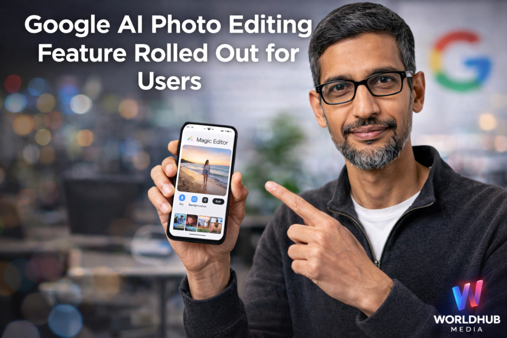 Sundar Pichai showcases Google AI photo editing feature using Magic Editor on a smartphone