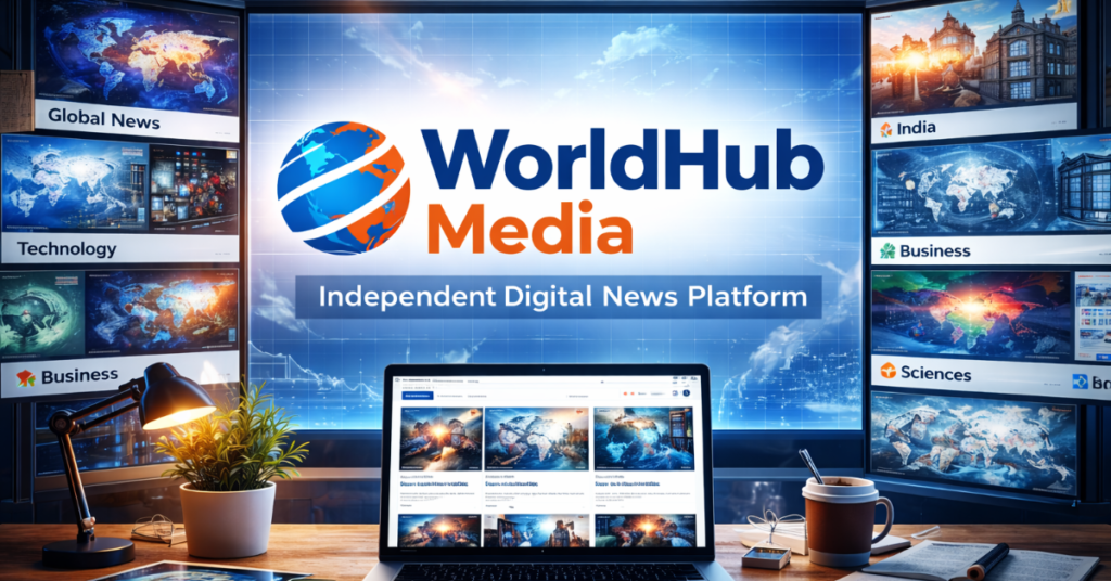 WorldHub Media digital newsroom banner with global news, technology, business and India coverage display