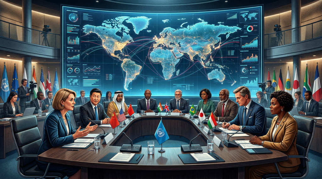 Geopolitics concept showing global leaders at international summit with world map and trade network display