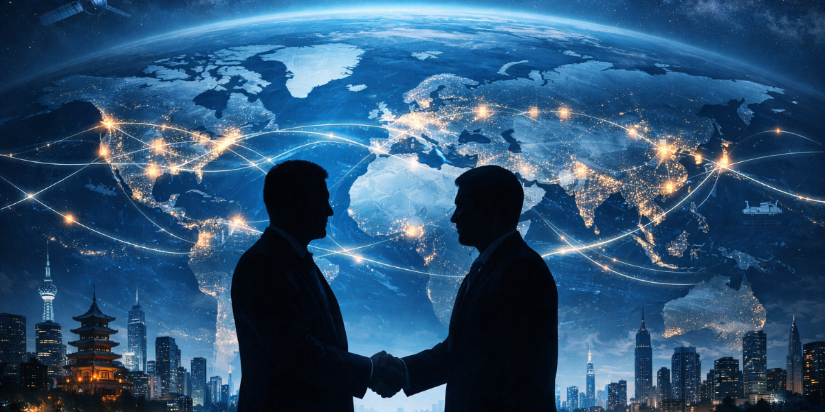 Geopolitics concept showing world map with global trade routes, energy hubs and world leaders handshake