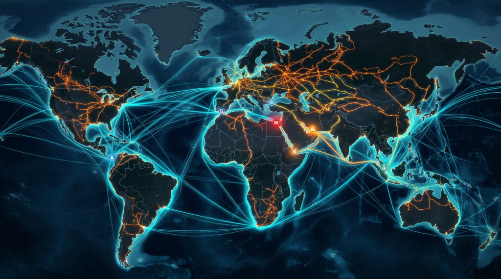 World map showing global trade routes, oil pipelines, gas corridors and strategic maritime chokepoints in geopolitics