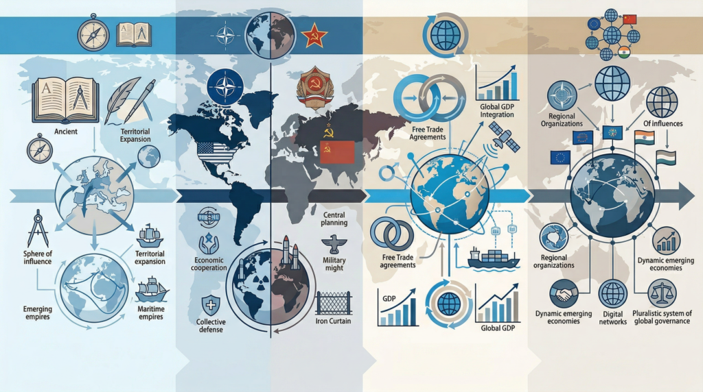 Geopolitics concept showing global leaders at international summit with world map and trade network display