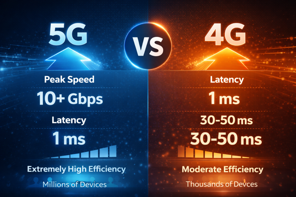 5G vs 4G speed comparison showing higher bandwidth lower latency and advanced network technology