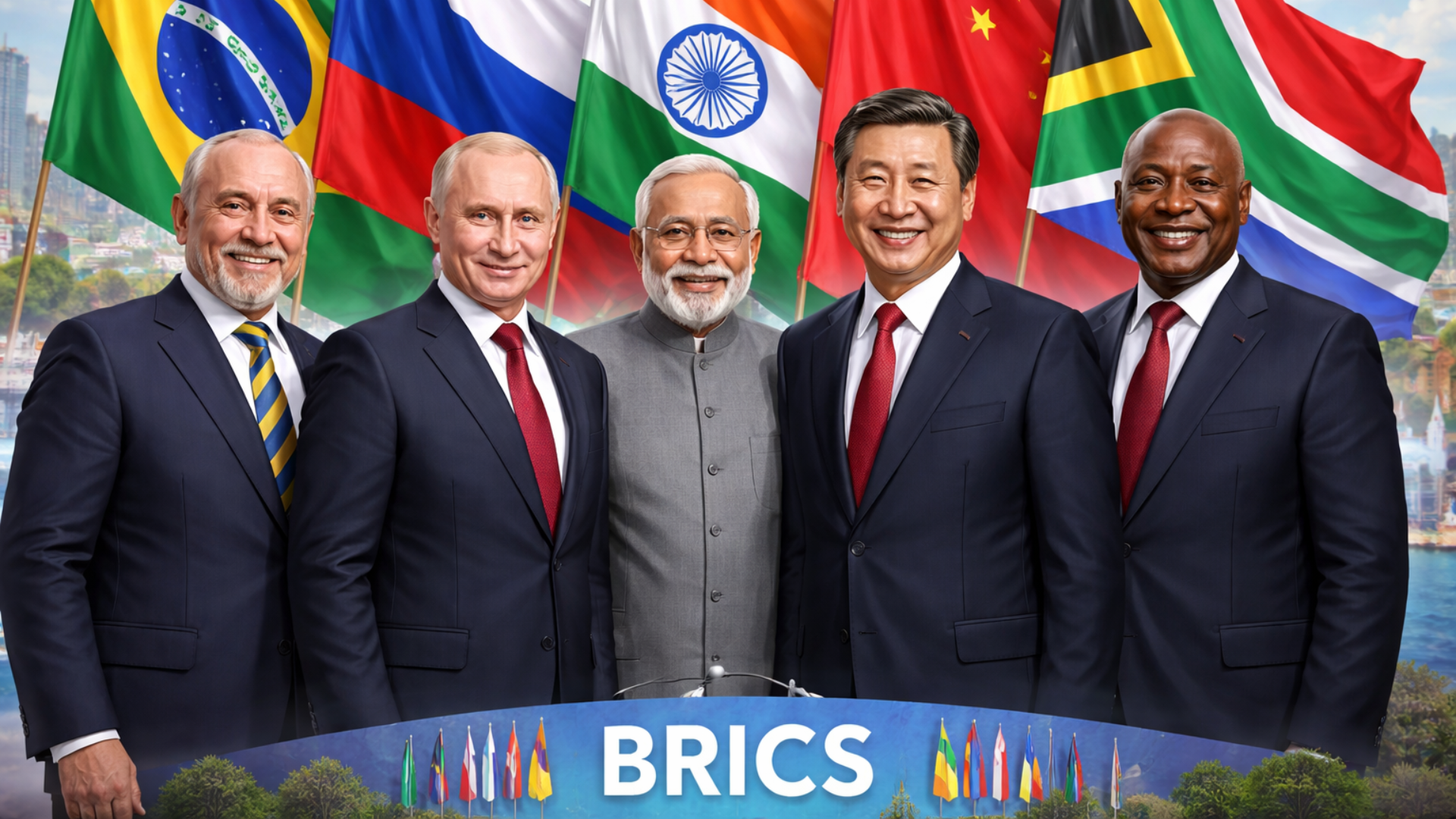 BRICS leaders with national flags representing Brazil Russia India China South Africa alliance and global economic cooperation