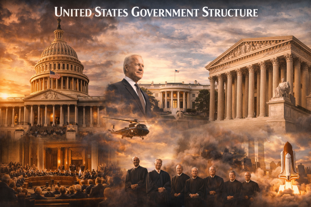 Cinematic realistic image showing United States government structure with Capitol Building, White House, President, Supreme Court and three branches of government