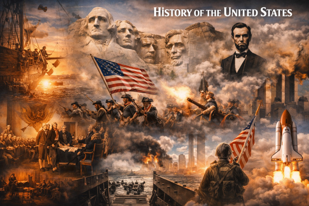 United States of America (USA) Cinematic realistic image showing history of the United States including American Revolution, Abraham Lincoln, Mount Rushmore, World War scenes, 9/11 attacks and space shuttle launch