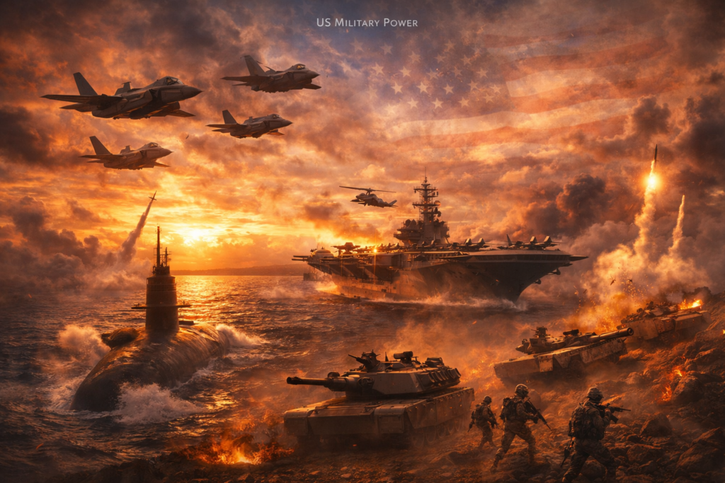 Cinematic realistic image showing US military power with fighter jets, aircraft carrier, submarine, tanks and soldiers in battlefield scene