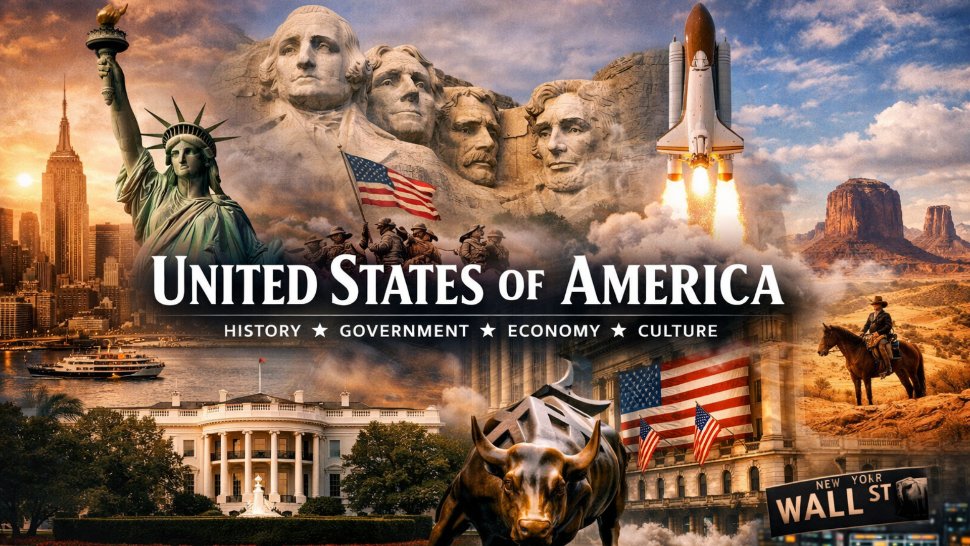 Cinematic realistic image of the United States of America featuring Statue of Liberty, White House, Wall Street bull, Mount Rushmore and space shuttle representing history, economy and culture