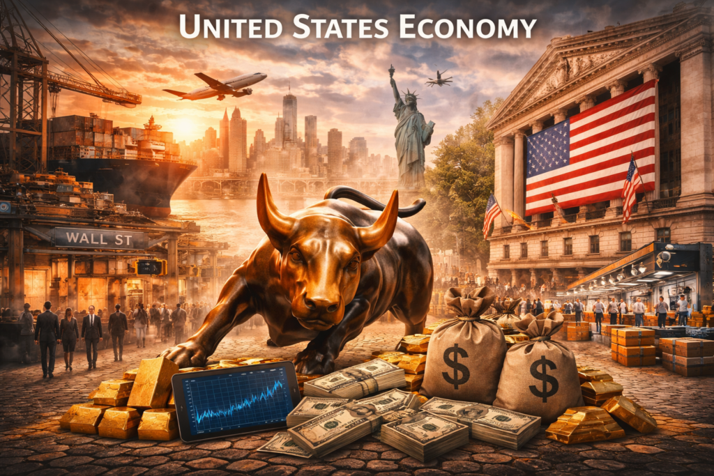 Cinematic realistic image showing United States economy with Wall Street bull, stock market graph, cash, trade port, cargo ships and financial district
