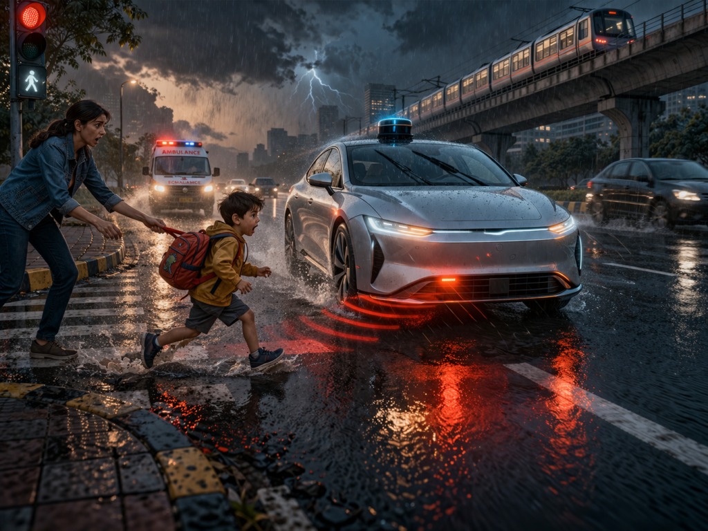 Self driving car braking to avoid accident with child crossing road in rainy city