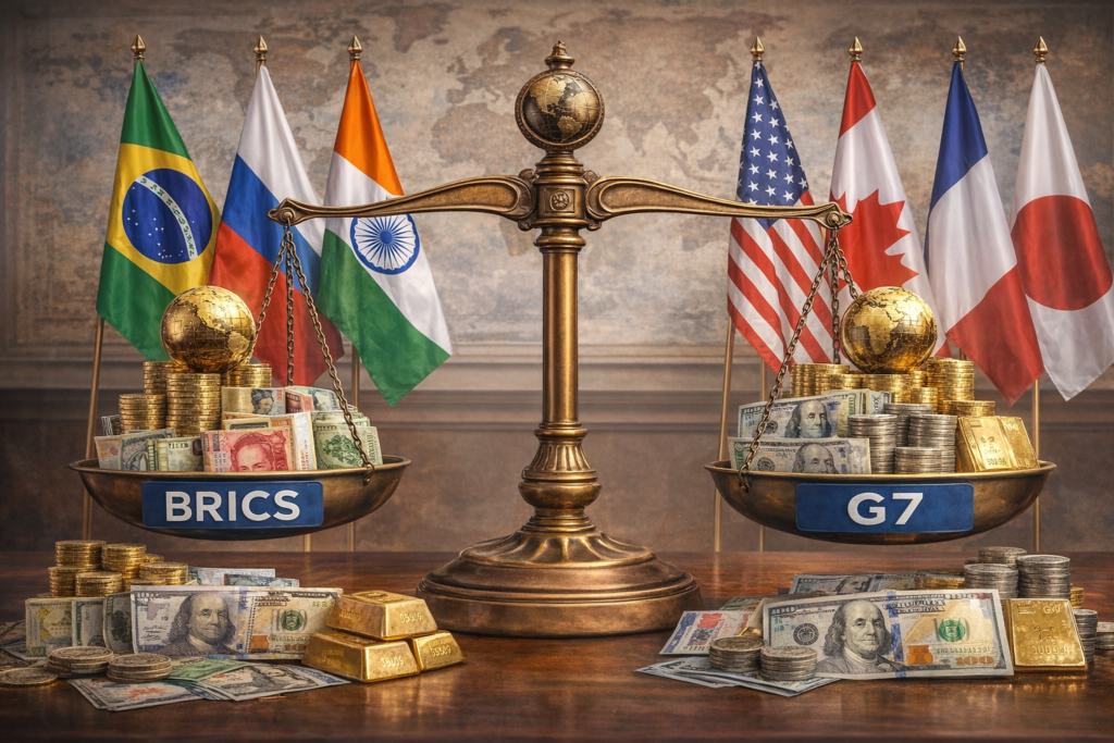 BRICS vs G7 comparison showing economic power balance between emerging economies alliance and developed countries group
