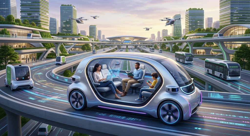 Family traveling in a self driving car inside a futuristic smart city with autonomous vehicles and flying transport