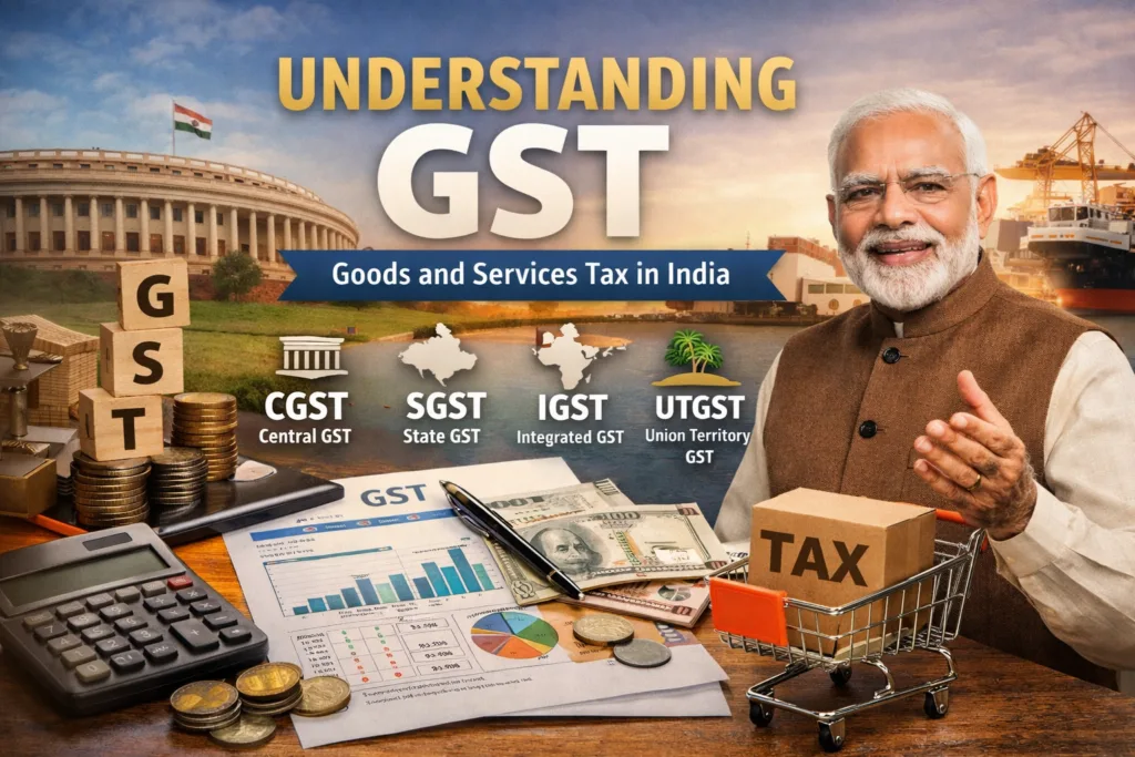 GST in India explained with CGST SGST IGST UTGST structure and tax system illustration