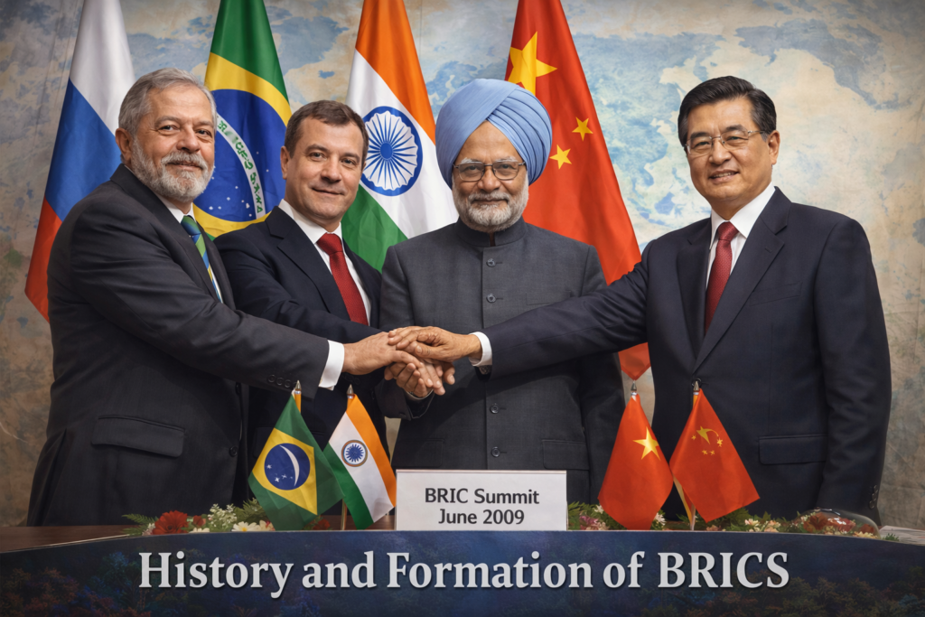 BRICS formation history showing leaders of Brazil Russia India China during the first BRIC summit in 2009 representing the emerging economies alliance