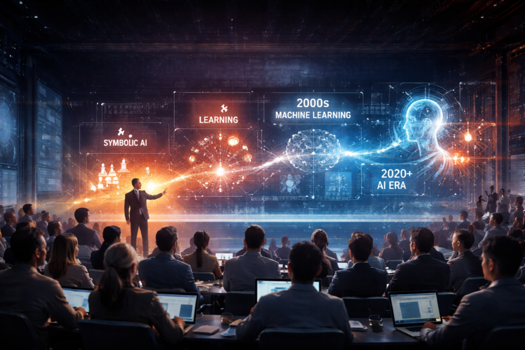 Cinematic view of machine learning history showing AI evolution from symbolic AI to deep learning in a futuristic presentation