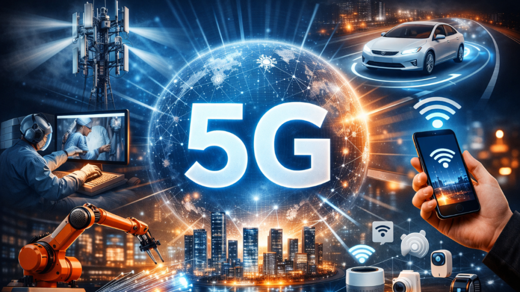 How 5G technology works showing 5G tower, smart city, IoT devices, autonomous car and high speed wireless network connectivity
