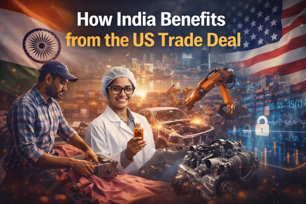 US-India Trade Deal 2026 How India benefits from US trade deal 2026 showing industries like textiles, pharma, auto and technology growth