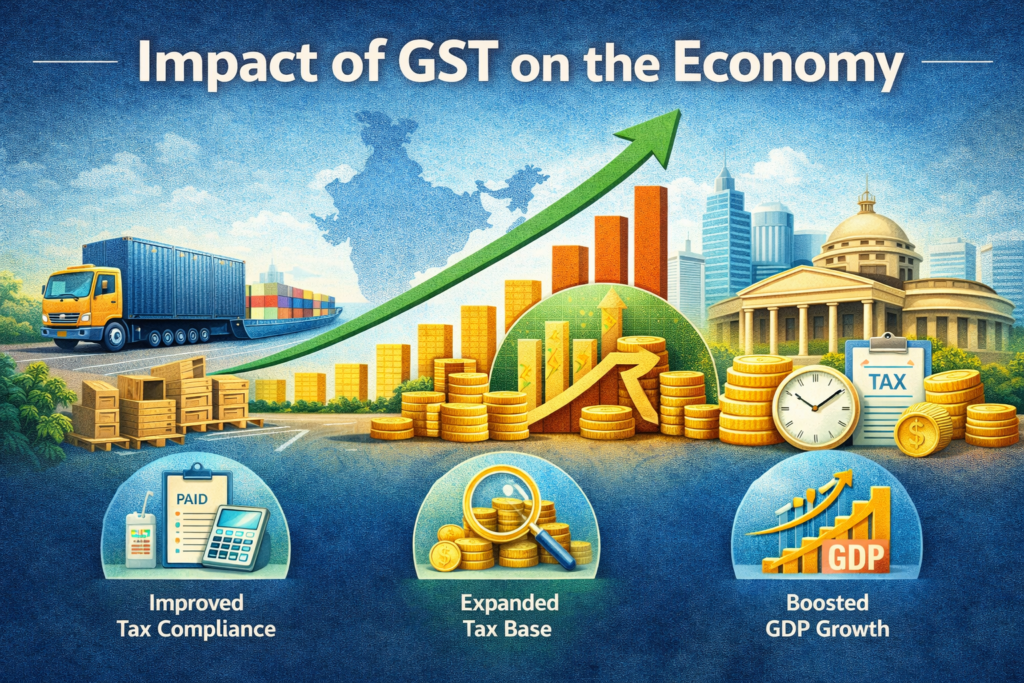 Impact of GST on the Indian economy showing GDP growth, tax compliance, logistics improvement and economic expansion