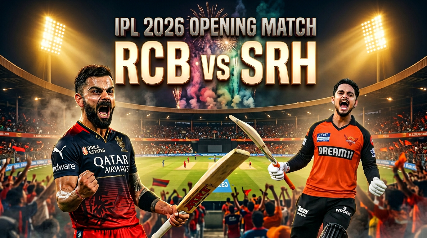 IPL 2026 opening match RCB vs SRH today match featuring Virat Kohli and Ishan Kishan in stadium with fireworks