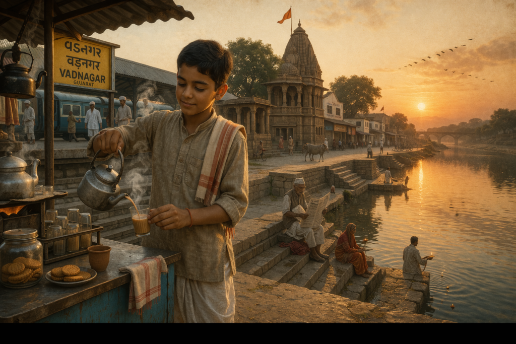 Narendra Modi early life in Vadnagar Gujarat tea stall childhood scene