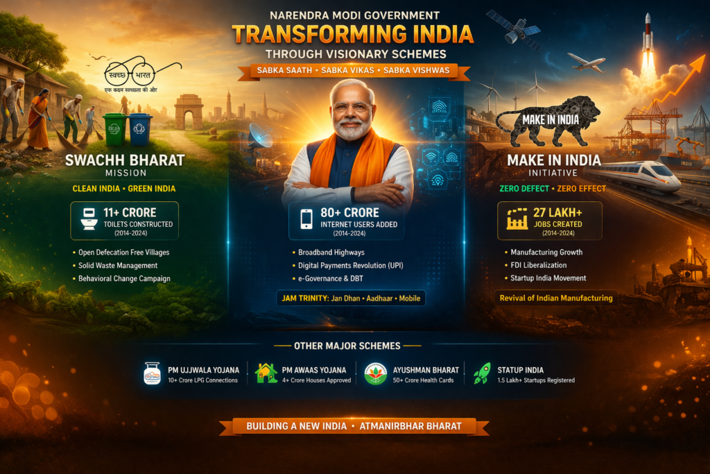Narendra Modi government schemes Swachh Bharat Digital India Make in India infographic India development