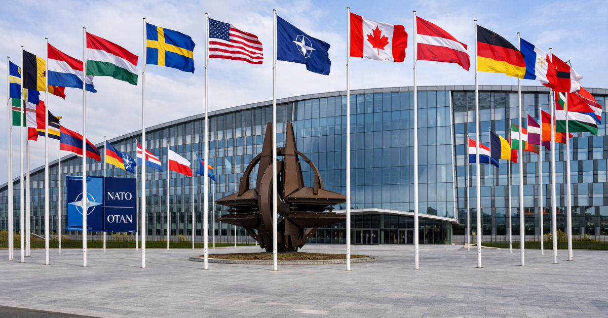 NATO headquarters building in Brussels Belgium with member country flags