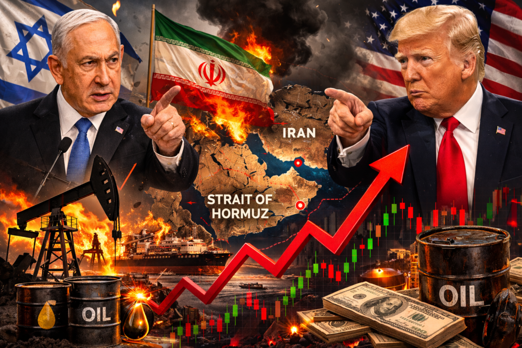 Oil prices spike due to Iran war showing Donald Trump and Benjamin Netanyahu with global oil market crisis and rising oil price chart