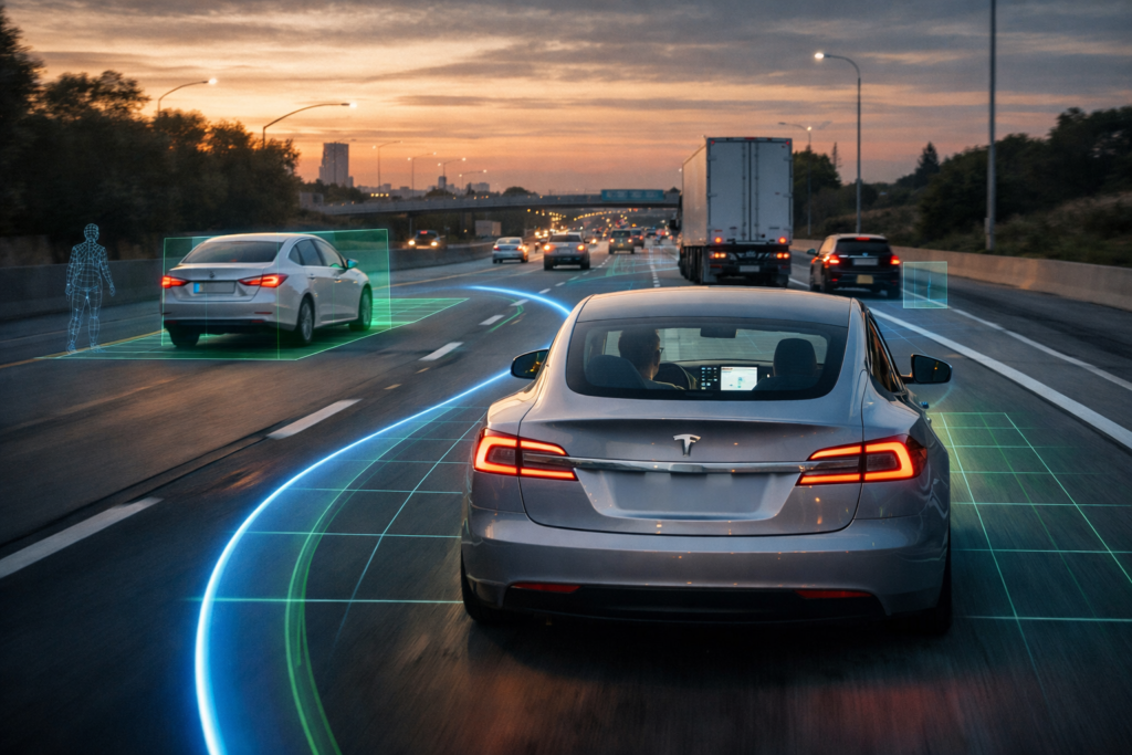 Tesla self driving car using autopilot on highway with AI navigation system at sunset