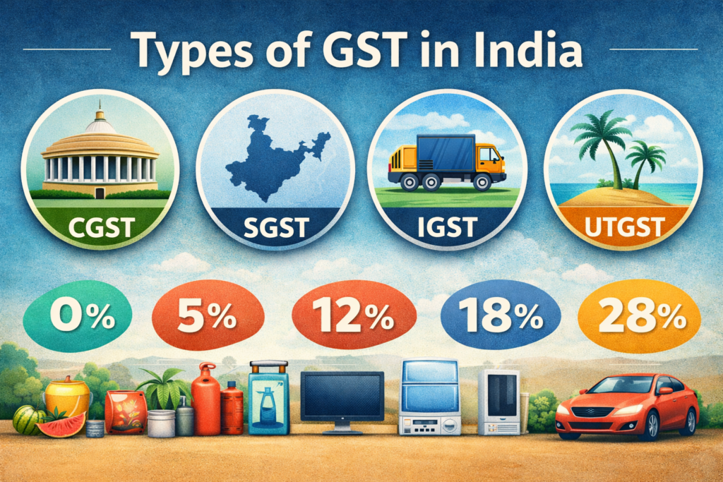 Types of GST in India including CGST, SGST, IGST, and UTGST explained with tax slabs and examples