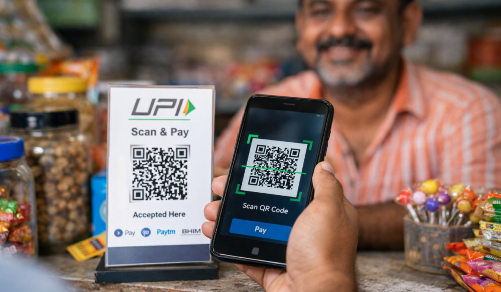 UPI QR code payment at Indian retail shop using smartphone digital payment