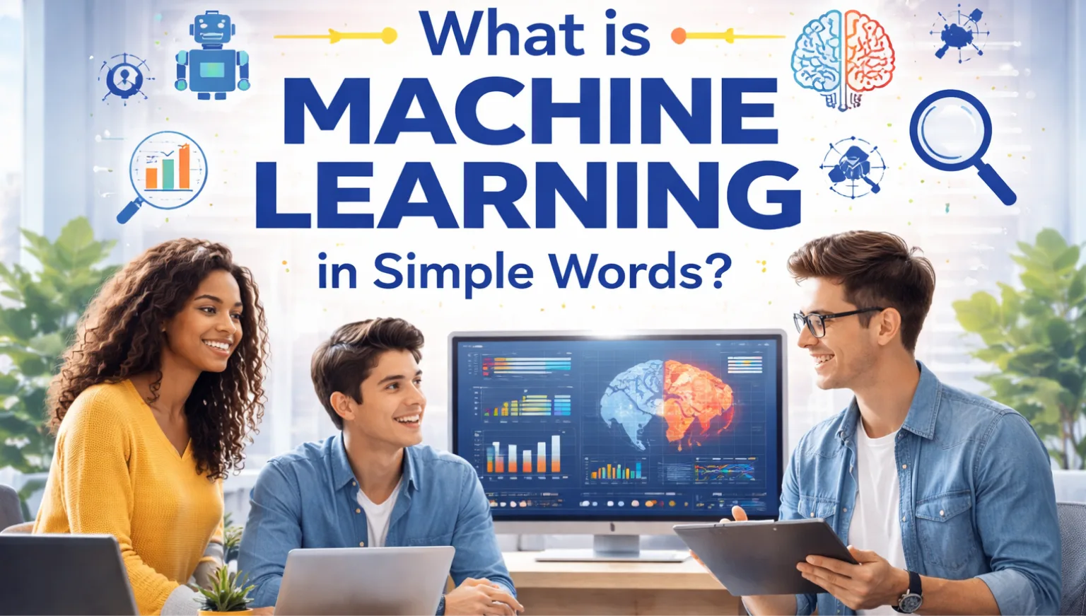 "A team of professionals discussing machine learning concepts with data charts and AI brain visualization in a modern office"