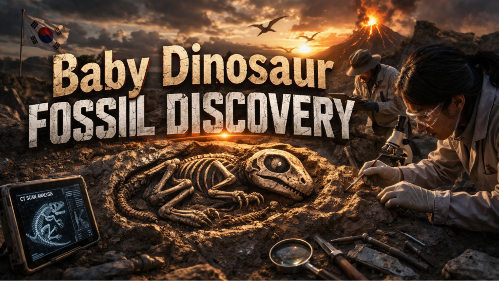 baby dinosaur fossil discovery Scientists discovering a baby dinosaur fossil using CT scan technology in a prehistoric excavation site with volcanic background