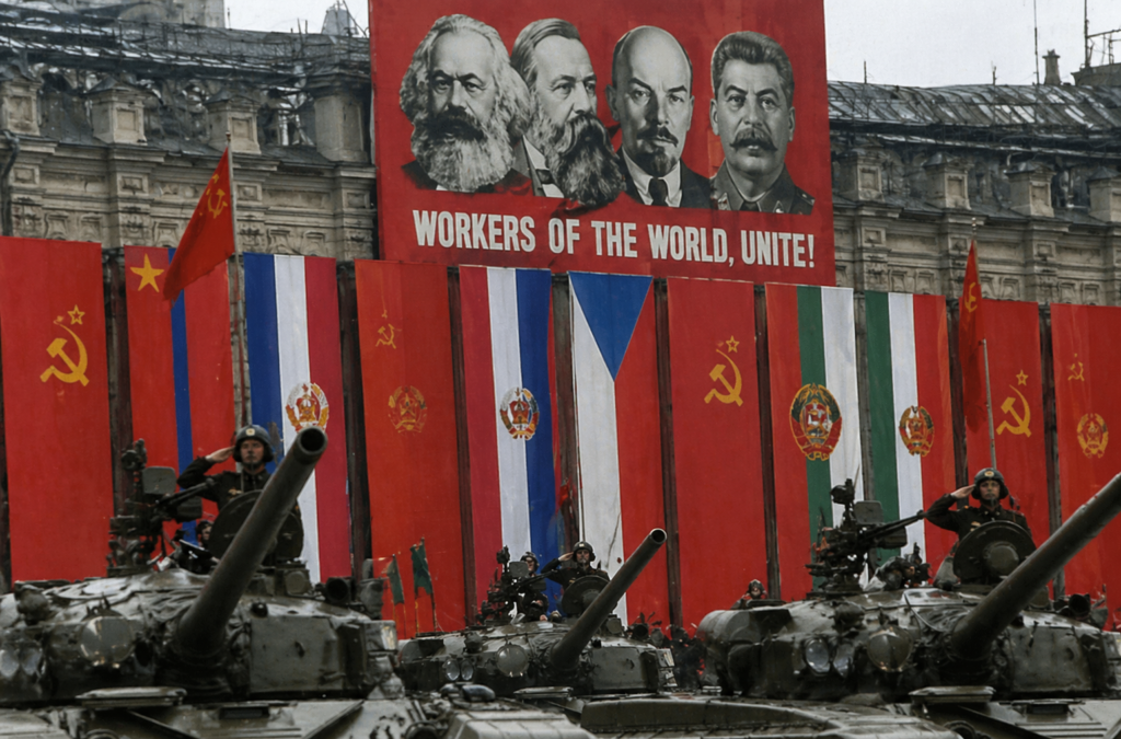 Soviet Union rise and fall - “Soviet military parade with tanks and communist flags representing Eastern Bloc countries”