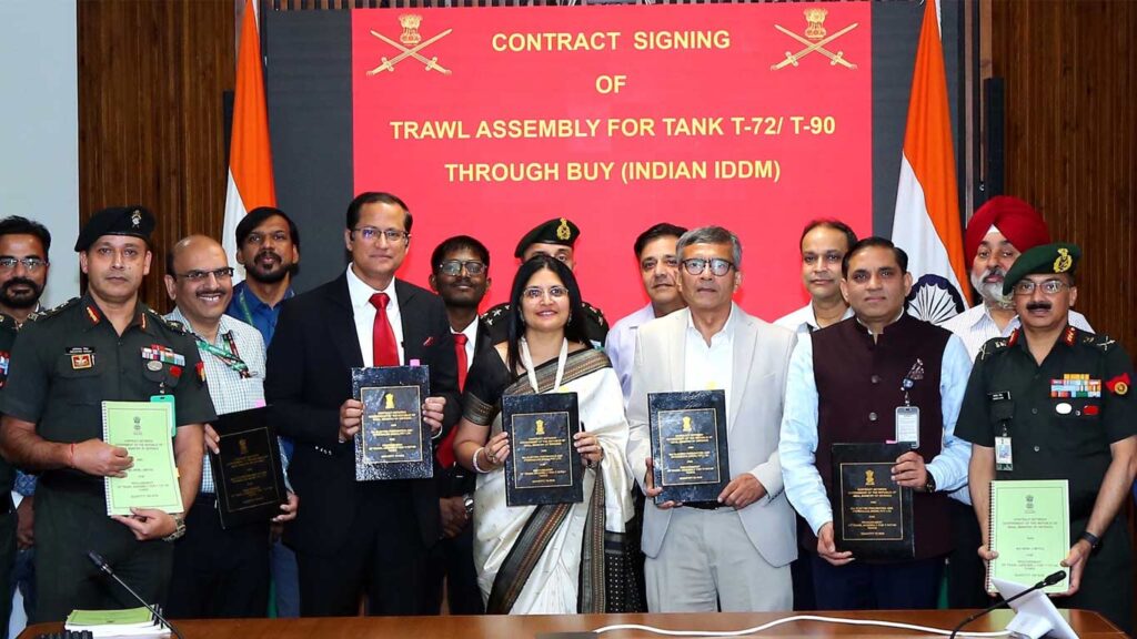 Indian defence officials and army officers during ₹975 crore TRAWL assembly contract signing for T-72 and T-90 tanks