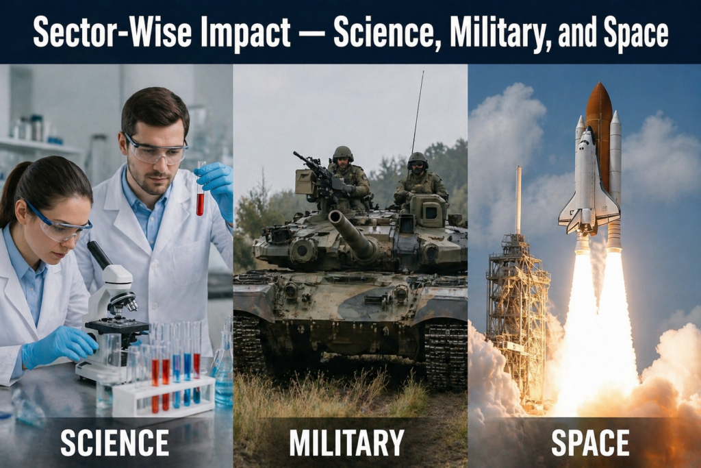 sector wise impact showing science laboratory research military tank and space rocket launch representing technological advancements