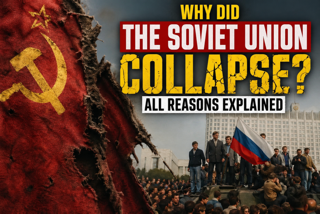 Soviet Union collapse 1991 protest scene with torn USSR flag and Russian flag showing political unrest