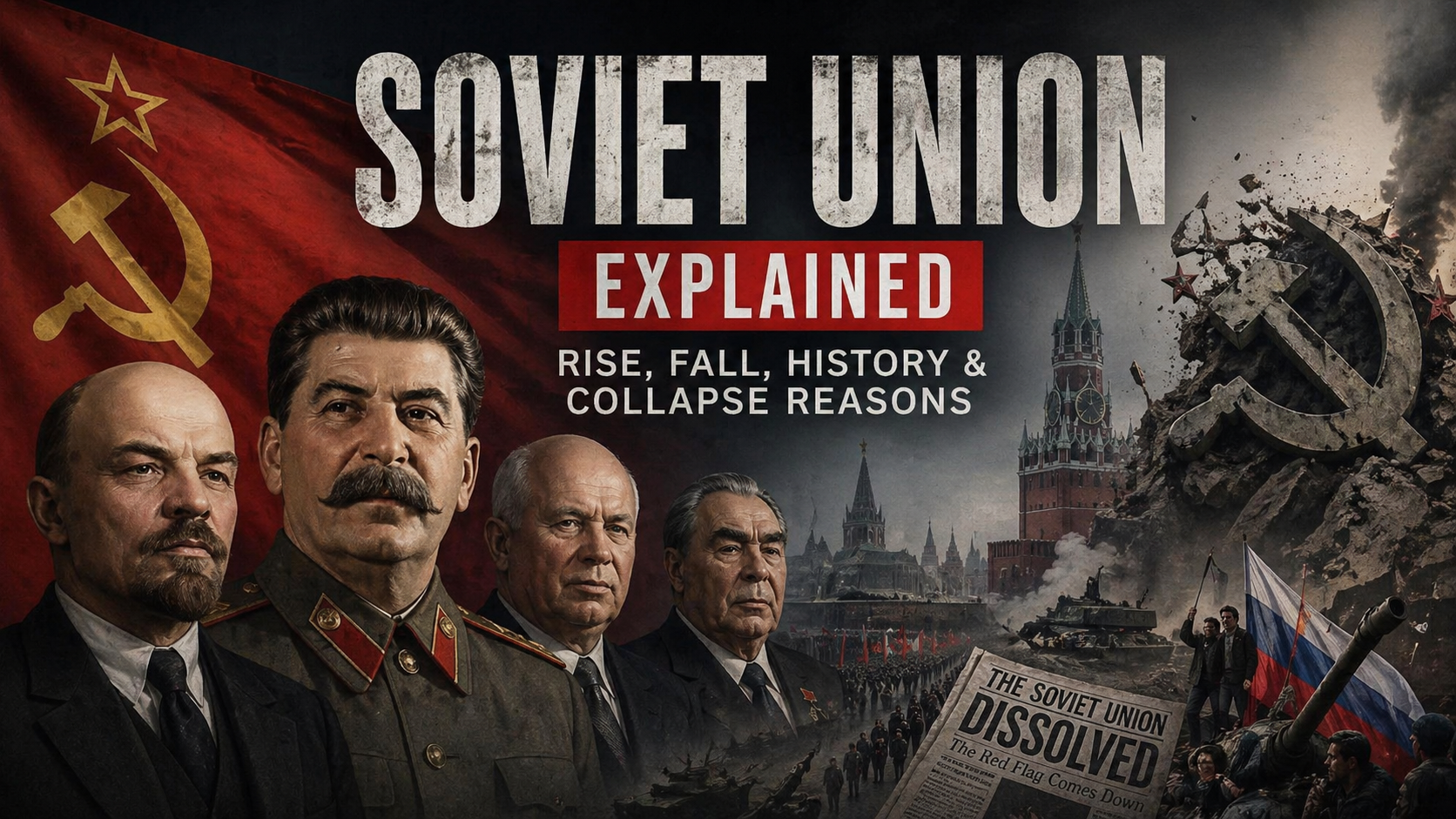 Soviet Union explained with leaders, Cold War imagery and USSR collapse scene
