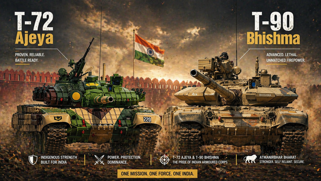 T-72 Ajeya and T-90 Bhishma tanks of Indian Army in cinematic battlefield scene comparison