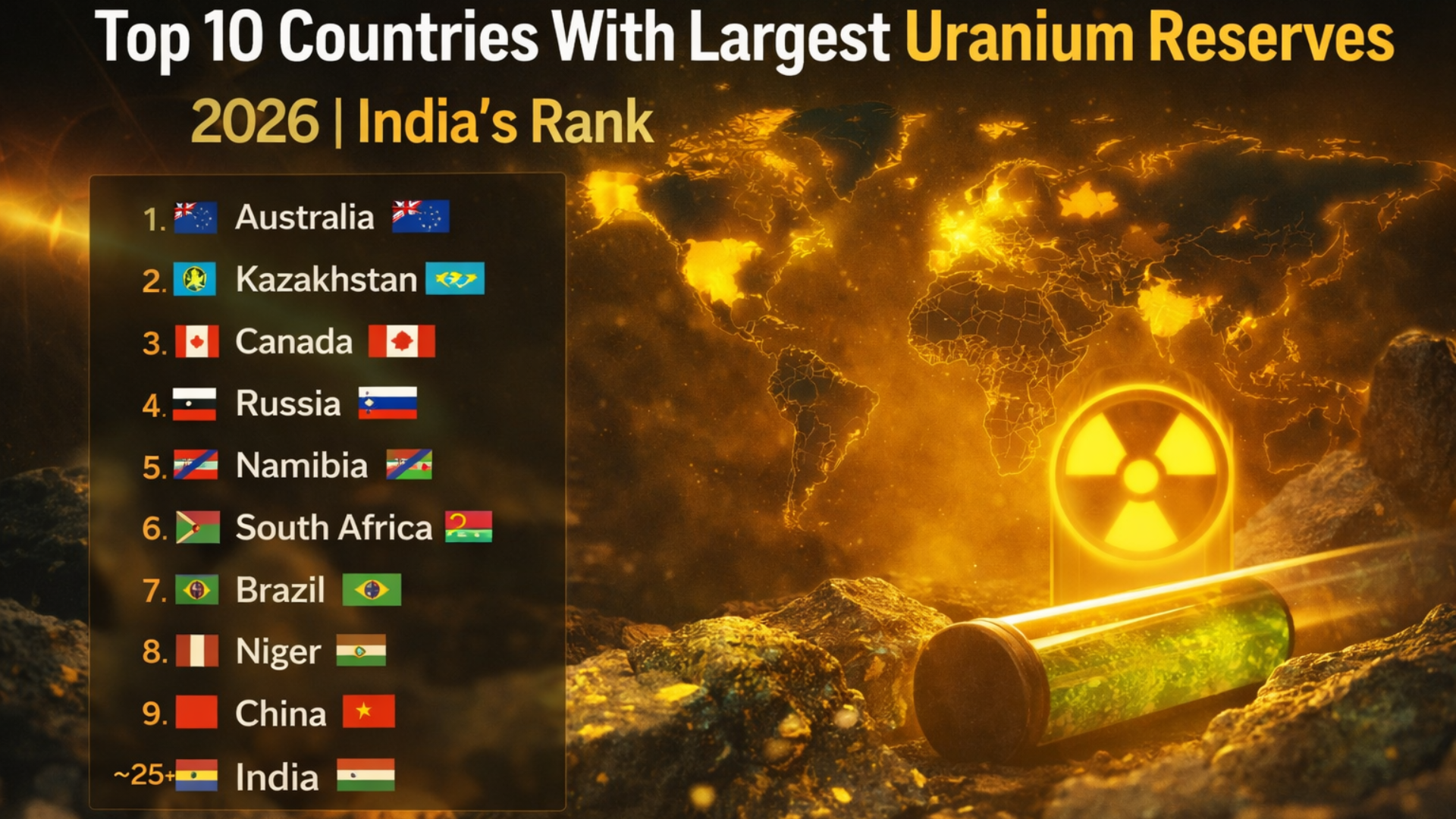 Top 10 countries with largest uranium reserves 2026 Australia Kazakhstan Canada Russia Namibia South Africa Brazil Niger China and India rank infographic