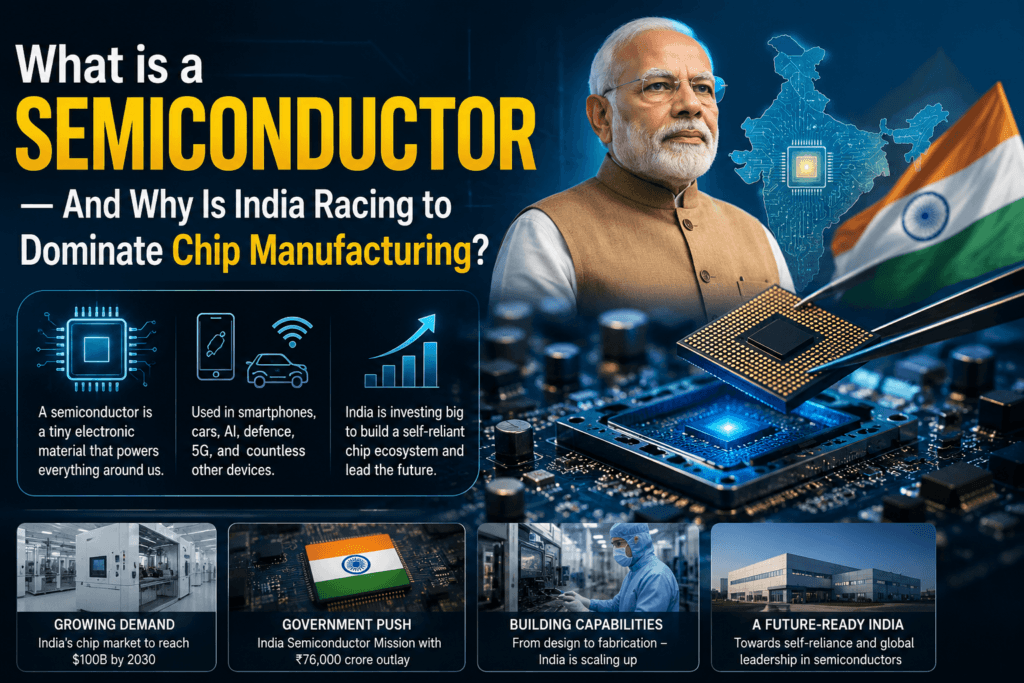 India semiconductor chip manufacturing concept with Narendra Modi, AI chip, and futuristic technology background