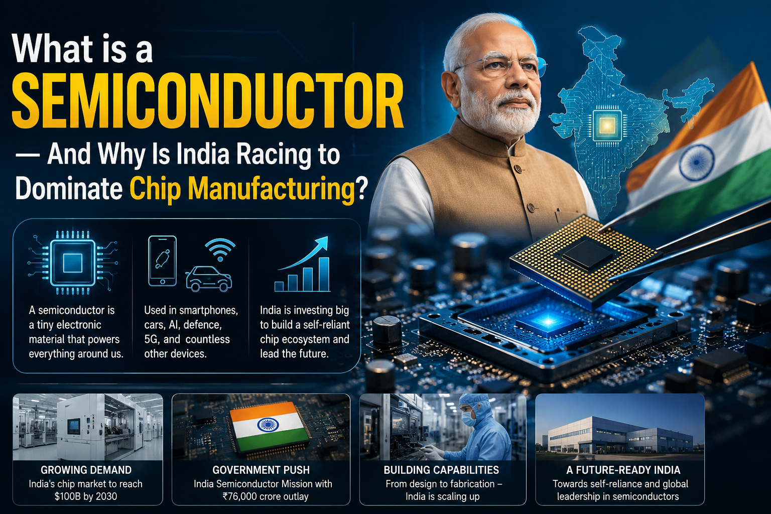 India semiconductor chip manufacturing concept with Narendra Modi, AI chip, and futuristic technology background