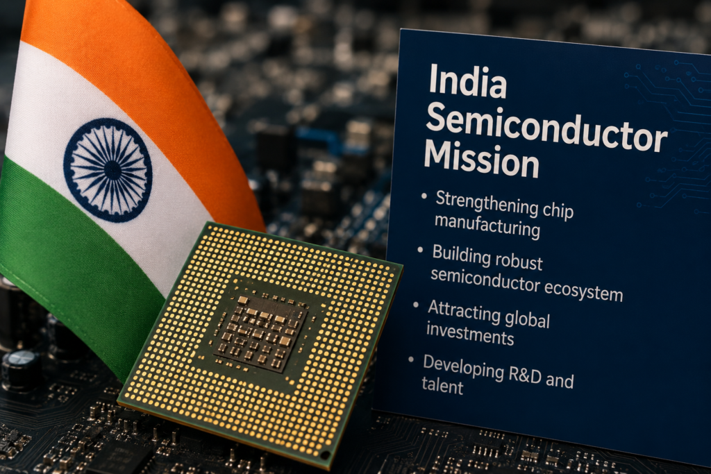 India Semiconductor Mission concept showing semiconductor chip, Indian flag, and India's chip manufacturing strategy